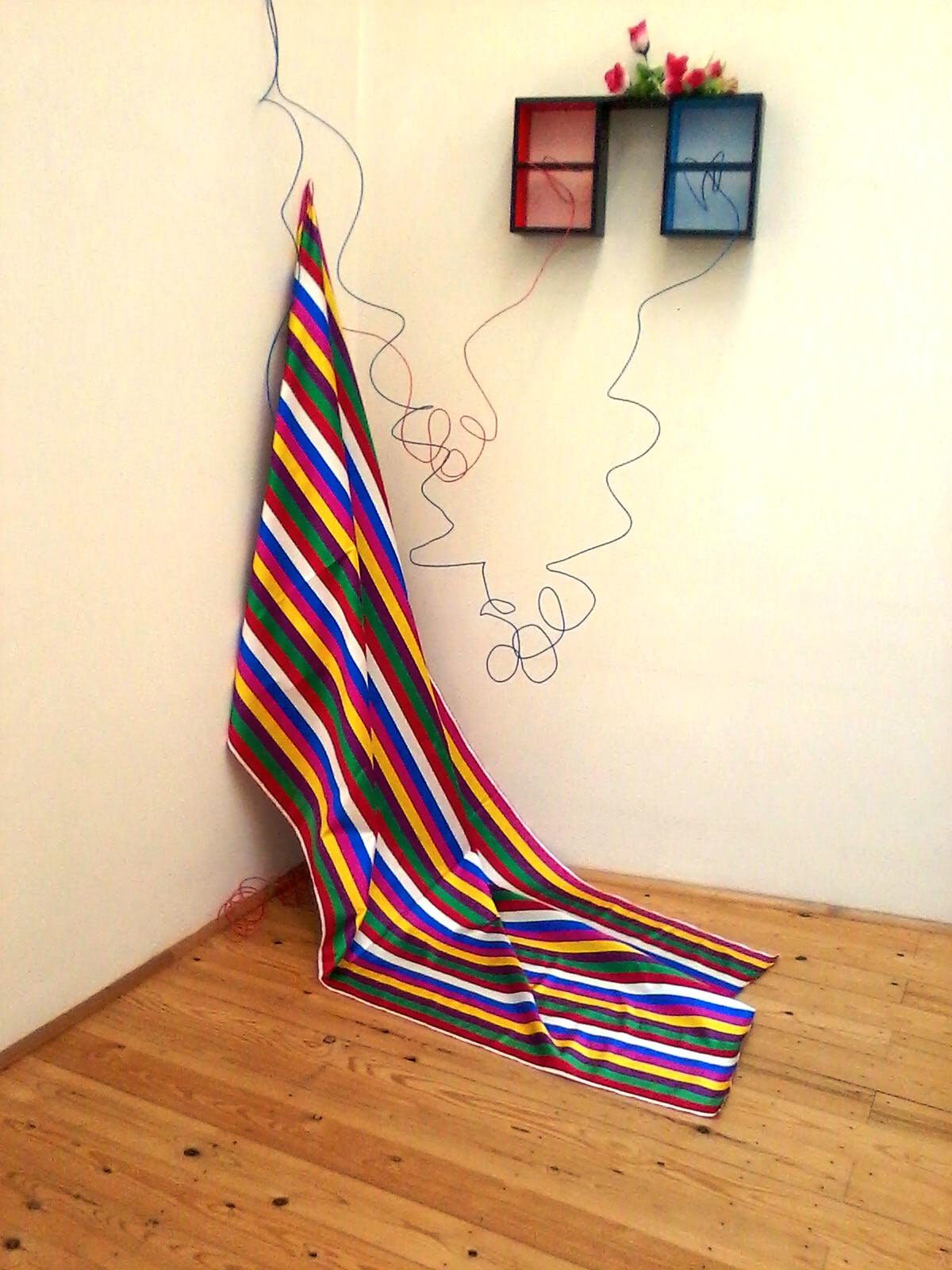 Molenbeek Story 2, 2013, acryl colour, wall paint, wood, fabric, electric cable, artificial flower, 230x120x100 cm.jpg